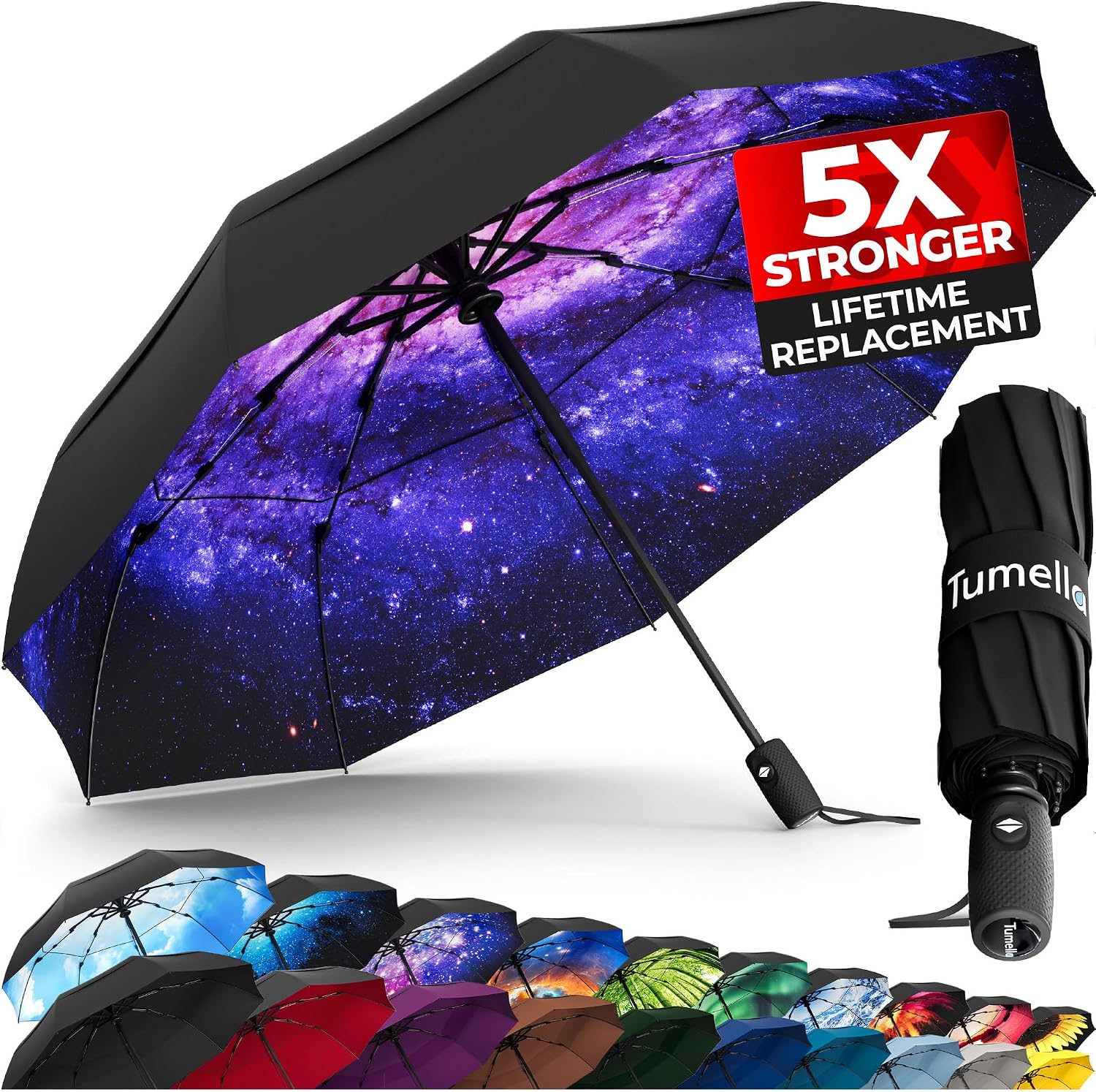 TUMELLA Strongest Windproof Travel Umbrella (Compact. 100MPH Wind-Tested) | Light. Portable. One-Handed Use. Automatic Folding Rain Umbrella. Durable. Premium Grip. Fits Car & Backpack
