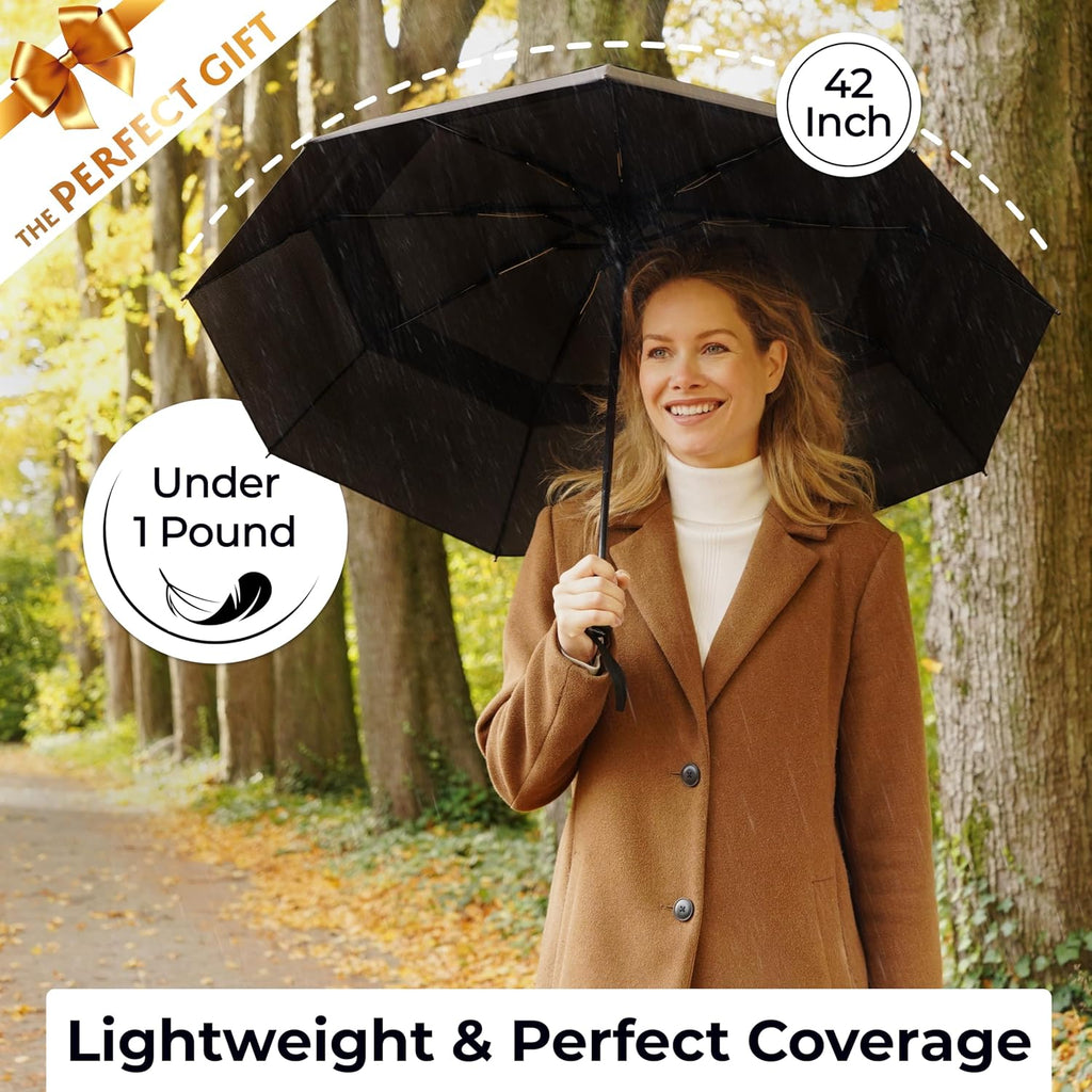 TUMELLA Strongest Windproof Travel Umbrella (Compact. 100MPH Wind-Tested) | Light. Portable. One-Handed Use. Automatic Folding Rain Umbrella. Durable. Premium Grip. Fits Car & Backpack