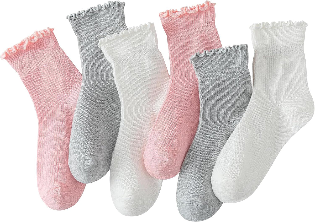 Hstyle Ruffle Socks Women. 6 Pairs of White Breathable Cool Ankle Socks