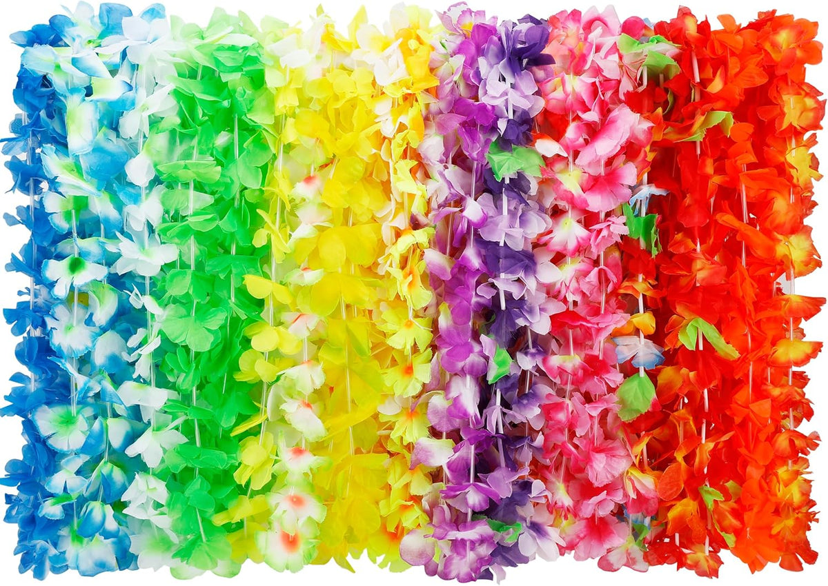 Hawaiian Leis. 24PCS Hawaiian Party Decorations Silk Flower Necklace | Colorful Luau Party Decorations. Tropical Designs Leis. Hula Dance Costume Accessories. Great for Summer Beach & Pool Party