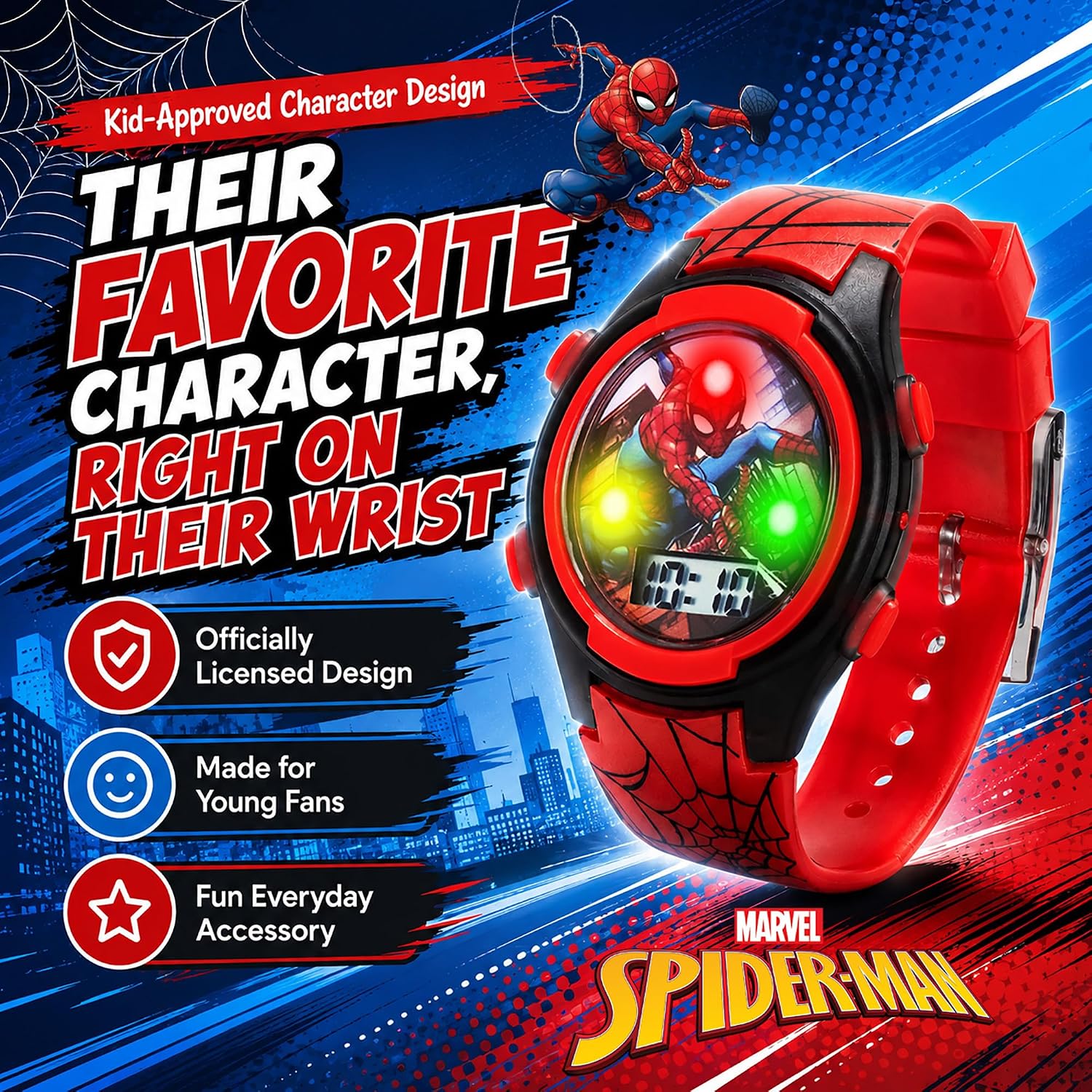 Accutime Marvel Spider-Man Digital Watch for Kids – Durable Plastic Timepiece. LCD Display. Quartz Accuracy. Iconic Spiderman Imagery