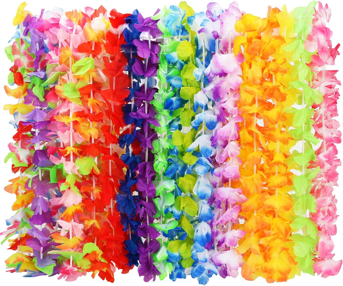 Hawaiian Leis. 24PCS Hawaiian Party Decorations Silk Flower Necklace | Colorful Luau Party Decorations. Tropical Designs Leis. Hula Dance Costume Accessories. Great for Summer Beach & Pool Party